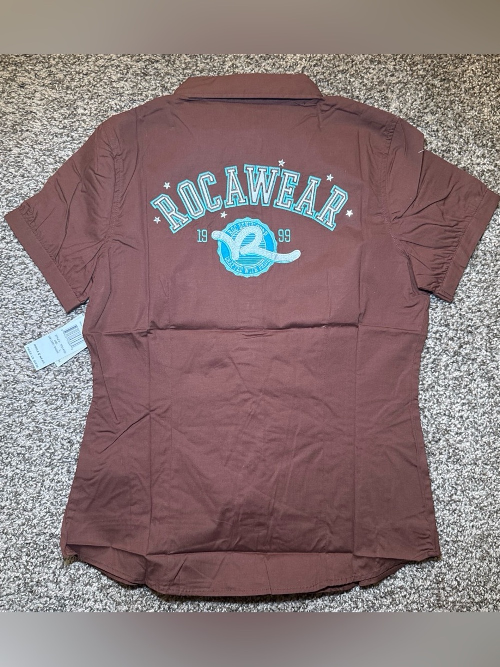 Rocawear Brown Short Sleeve Button-Down Shirt with Teal Logo